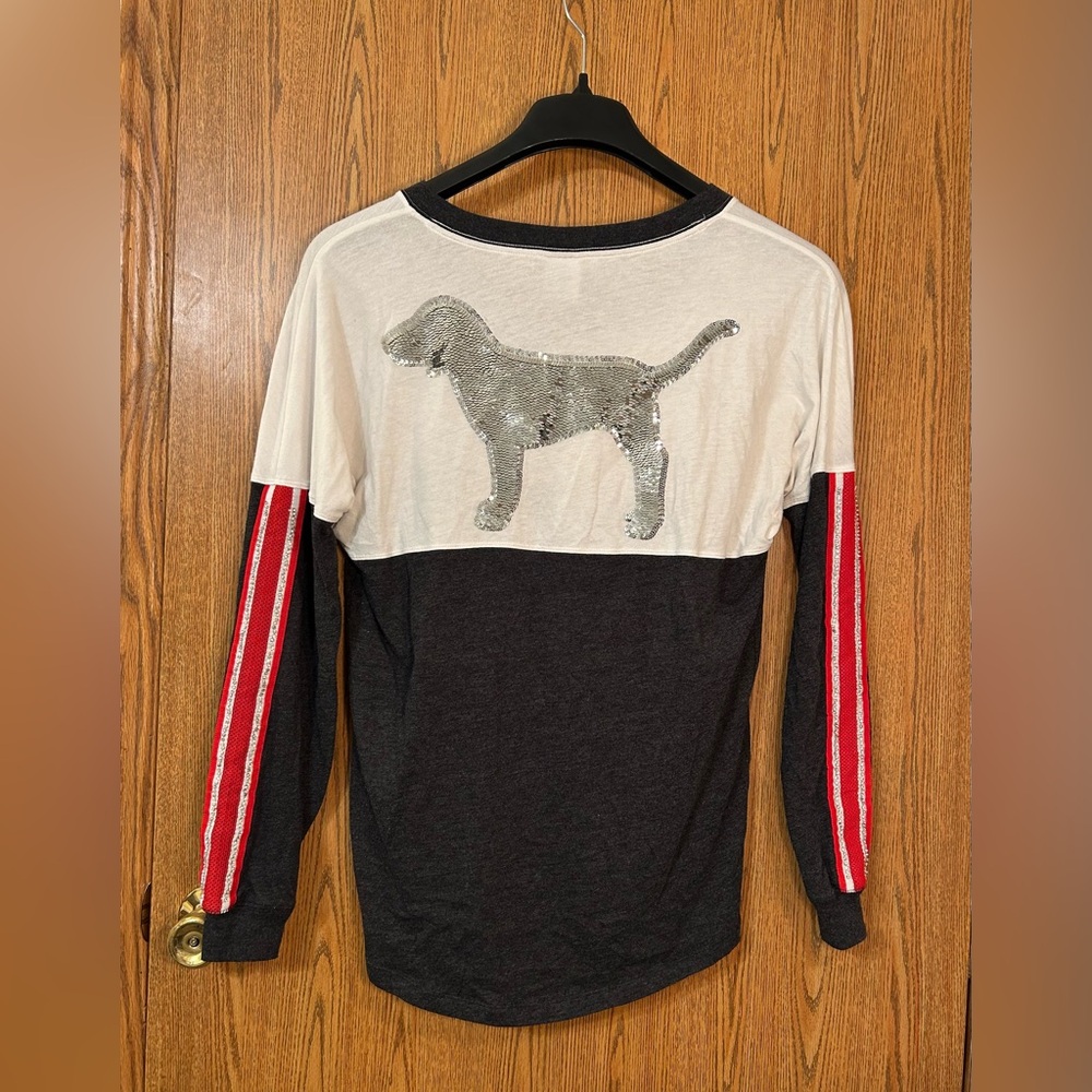 PINK Victorias Secret Sequin Rhinestone Varsity Long Sleeved V-Neck T-Shirt